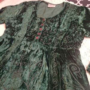 Vtg‎ French Gear Green Velvet Midi Dress Pocket Tie Button Fairy Goth Festival